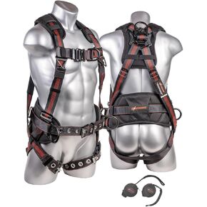 UFH10341G Kapture Epic+ 5-Point Full Body Harness, Enhanced Dorsal D-Ring Plus, Front D-Ring, 2 Side D-Rings, Waist Pad w/Removable Tool Belt, QC Chest, TB Legs, ANSI, M-L, Black/Red
