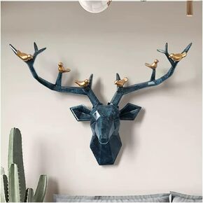 Deer Head Wall Decor Geometric Rustic Wall Mounted Deer Head, Faux Taxidermy Animal Head Wall Art Pendant, Handmade Resin Head Sculptures for Porch, Detachable Antlers, 6 Styles(Black,20.1x20.4IN)