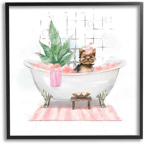 Stupell Industries Chic Yorkie Dog in Pink Bubble Bath, Designed by Ziwei Li Black Framed Wall Art, 12x12