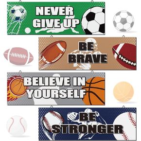 4 Stück Sport-Themen-Schlafzimmer-Dekoration, inspirierende Wandkunst, Dekoration, Basketball, Fußball, Baseball, Sport, motivierender Spruch, Leinwand, Klassenzimmer, Marmeladendekoration (Sport)