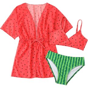 MakeMeChic Girl's 3 Piece Bathing Suits Cute Floral Bikini Swimsuit with Cover Up Watermelon Print 130