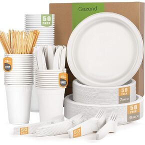 Gezond 350pcs Compostable Paper Plates Set Eco-friendly Heavy-duty Disposable Paper Plates Cutlery Includes Eco-friendly Plates, Forks, Knives, Spoons, Cups and Straws for Wedding Party, 50 Guests