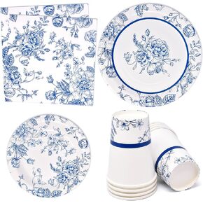 96 Pcs Floral Blue & White Party Supplies Paper Plate Cup Napkin for Flower Baby Shower Tea Spring Summer Birthday Disposable Dinnerware Serves 24