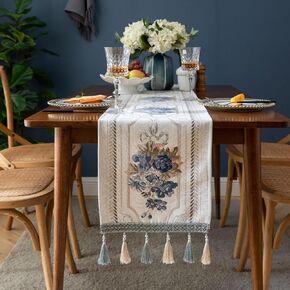 Embroidery Luxury Table Runner, Long White Dining Table Runner, Elegant Jacquard Dresser Scarf with Multi-Tassels for Dining Room Party Banquet Table Decor, 14x55inch