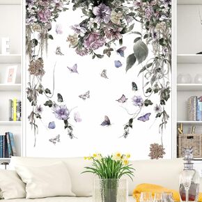 LiveGalleryWatercolor Blue Purple Flowers Wall Stickers Color Painting Rose Wall Decals DIY Vinyl Peel and Stick Butterflies Flora Mural for Girls Bedroom Living Room TV Sofa Backdrop Home Decoration