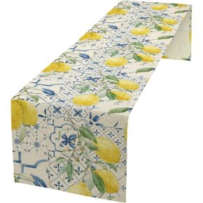 Lemon Table Runner Watercolor Blue Figure Fruits Green Leaves Pattern Table Runner Table Cloth Decoration Dresser Garden Farmhouse Wedding Party Vacation Dinner Home 13x36 inches