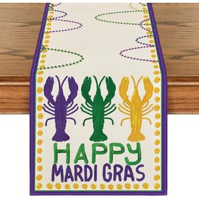 Artoid Mode Beads Happy Mardi Gras Carnival Table Runner, Seasonal Holiday Kitchen Dining Table Decoration for Indoor Outdoor Home Party Decor 13 x 36 Inch
