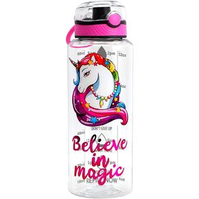 Home Tune 30oz Water Drinking Bottle - Tritan BPA Free, Chug Spout, Push-Button Flip Lid, Time Marker, Lightweight, Leak-Proof Water Bottle with Cute Print Design For Girls & Boys - Flamingo
