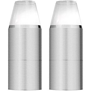 100 Silver Plastic Cups 9 Oz Clear Plastic Cups Old Fashioned Tumblers Disposable Cups Recyclable Wine Glasses Silver Rimmed Cups Fancy Wedding Decoration Cups Elegant Silver Rimmed Plastic Party Cups