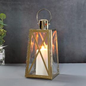 TRIROCKS Stainless Steel Decorative Lantern 12'' High Metal Candle Holder with Tempered Glass for Home Decor Living Room Parties Events Tabletop Indoors Outdoors(Silver Trapezoid)