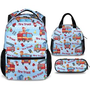 Kids School Backpack for Boys, 17" Black Fire Truck Backpacks for Elementary, Cool Pattern Large Capacity Bookbag for Travel