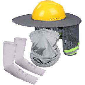 Hard Hat Sun Shade with Full Brim Visor, Shield Your Neck from Sun, Men's Construction Accessories for Hardhat Hats UV Sunshade Helmet Attachment Protection Arm Sleeves with Reflective Strip, 4pcs Set