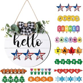 Frienda 13 Pcs Interchangeable Welcome Sign Seasonal Front Door Sign with 12 Changeable Icons Hello Fall Winter Spring Summer Welcome Door Sign Rustic Round Wood Wall Hanging Decor for All Seasons