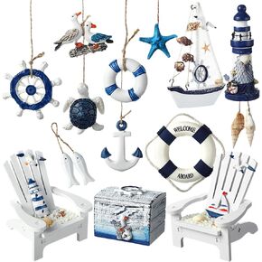 Yousoontic 14 Pack Mini Wood Nautical Home Decor Mediterranean Style Lighthouse, Beach Chair, Sailboat, Wood Box, Anchor, Life Ring, Starfish, Fish Pendant, Swimming Ring, Long Conch, Helmsman, Birds