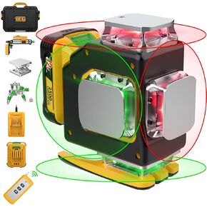 Laser Level,DEGLASERS Red/Green 4x360° Cross Line laser level with 12V Rechargeable Battery, Remote Controller, Magnetic Rotating Stand for Construction and Picture Hanging