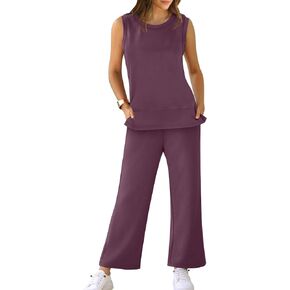 XIEERDUO Women's Travel Outfits Sleeveless Wide Leg Tracksuit Two Piece Summer Sets 2 Pc Lounge Set Airport Loungewear Casual Jumpsuit Purple L