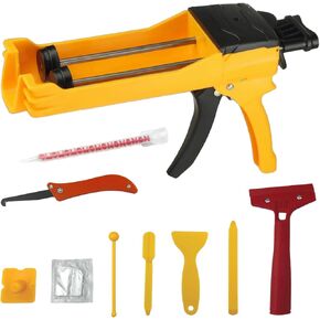 Double Caulking Gun,Dual Epoxy Gun for 400 mL/13.5 fl oz (1:1 Mix Ratio),Manual Dual Component Adhesive Applicator with 9 Pieces Caulk Tools,Hand Cartridge Caulk Gun,Yellow