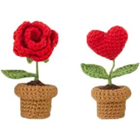 نباتات صناعية صغيرة بوعاء زهور كروشيه مصنوعة يدويًا لديكور مكتب المكتب وديكور الرف - للهدايا، وأعياد الميلاد، وأفكار لعيد الحب (الورود والحب)