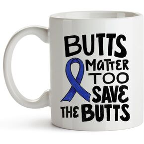 YouNique Designs Blue Awareness Ribbon Coffee Mug, 11 Ounces, Colon and Colorectal Cancer Awareness Products (White)