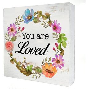Floral You are Loved Wood Box Sign Home Decor Rustic Inspirational Wooden Box Sign Block Plaque for Wall Tabletop Desk Home Decoration 5" x 5"