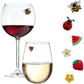 Magnetic Wine Glass Charms with Bee, Strawberry and Flowers Set of 6 Fun Drink Markers or Cocktail Identifiers