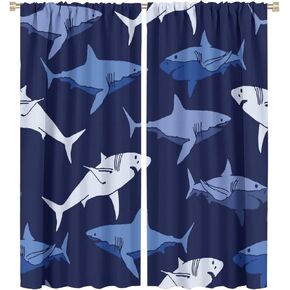 Shark Fish Window Curtains, Ocean Animal Navy Blue Room Darkening Rod Pocket Windows Treatments for Boys Girls Toddler Bedroom Living Room 42x45in