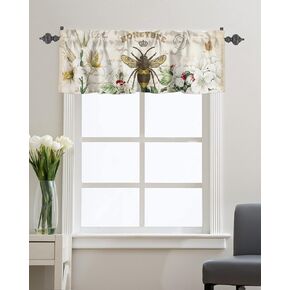Window Valance Rod Pocket Short Curtain Panel Bumble bee Summer White Flower Plant Valances for Kitchen Windows,Farm Insect Vintage Stamp Letter Curtain Valance Window Treatments Drapes 42x12in