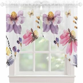 Watercolor Floral Swag Curtains 36 Inch Length 2 Panels Set,Short Semi-Sheer Curtain Drapes Rod Pocket Valance Drapery for Kitchen,Bathroom Window Purple Pink Botanical Wildflower Herb 56" Wx36 L