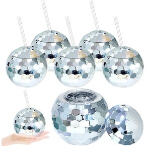 6 Pieces Disco Ball Cup with Lid and Straw 20 Ounce Disco Party Cups 1970s Mirror Disco Cocktail Cups Sparkly Glitter Disco Flash Ball Drink Tumbler for Disco Bar Party Supplies, Silver