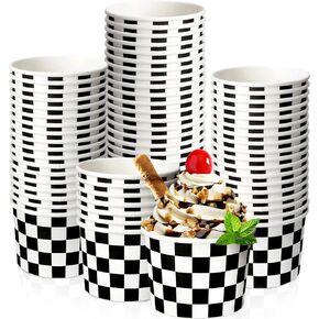 50 Count Checkered Ice Cream Cups 9 oz Paper Ice Cream Cups Race Car Birthday Party Supplies White Black Disposable Sundae Bowls Picnic Dessert Bowls Plaid Snack Paper Cups for Food Yogurt Soup