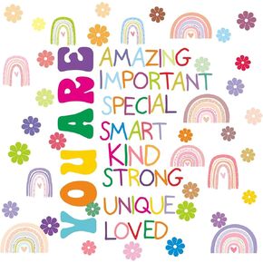 Kids Wall Decals Inspirational Wall Decals Positive Quote Wall Sticker for Classroom Peel and Stick Flower Rainbows Mirror Sticker Motivational Wall Art Murals for Nursery Kids Bedroom Playroom Decor