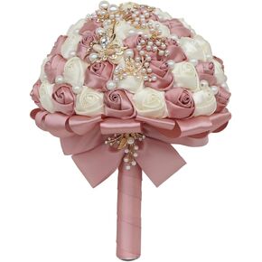 5.9 Inch Handmade Satin Rose Bridal Bouquet Toss Round Wedding Bouquet Throw Toss Artificial Flower Bunch White