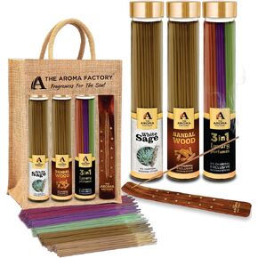 The Aroma Factory Organic Incense Sticks (Loban, Gugal, Sandalwood) No Charcoal | Non Toxic | Fresh Natural Exotic Fragrance | Herbal Aromatic Pooja Agarbatti, 3x100g Jute Gift Set with Wooden Holder