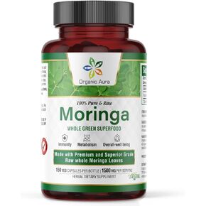 Organic Aura Moringa Leaf Capsules | 1500mg - 150 HPMC Veg | Whole Leaves Green Super Food Nutrition | Naturally Boosts Metabolism, Energy, Health, & Stamina | 100% Pure Safe Moringa |Non GMO.