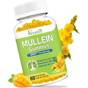 Mullein Gummies 2000 mg Mullein Leaf Extract with Bromelain, Quercetin, Pine Bark Support Lung Cleanse for Healthy Breathing, 60ct