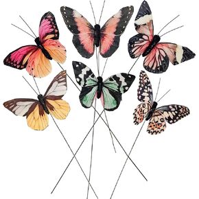 Cartanfill- Artificial Feather 3D Butterfly Party Decorations Set of 12 with Wire, 6 Color Ornaments for Home Decoration.