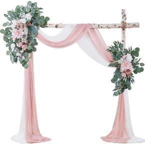 Wedding Arch Flowers with Drape Kit (Pack of 4) - 2pcs Artificial Flower Swag with 2pcs Draping Fabric for Wedding Ceremony Arbor and Reception Backdrop Decoration (Blush & White)