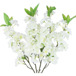 CISDUEO 4 Pcs Artificial Cherry Blossom Flower Stem Branches White Silk Plum Blossom Flowers with Leaves Fake Peach Flowers Vase Arrangements for Spring Table Centerpieces Wedding Indoor Outdoor Decor