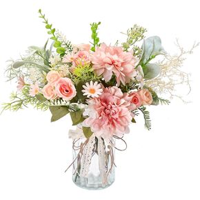 Artificial Rose Flowers in Vase for Home Decor, Silk Pink Rose Hydrangea Bouquet Artificial Flowers with Pot Silk Dahlia Arrangement for Spring Decor Centerpiece Table Decorations
