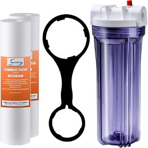 iSpring HC14+ FP15X2 Whole House Transparent Water Filter Housing 10" x FNPT Inlet/Outlet with 2 PP Filters (5 Micron), 1/2", Clear