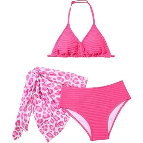 WDIRARA Girl's 3 Piece Swimsuit Set Leopard Print Halter Triangle Bikini Bathing Suit with Cover Ups
