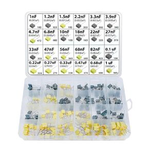 240pcs Film Box Capacitor Assortment Kit,1NF-1UF Polyester Box Capacitor,24 Values MKT PET 63V-100V Correction Capacitor