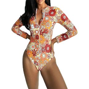 WDIRARA Women's Floral Print All Over Print One Piece Swimsuit Zipper Round Neck High Cut Swimsuit