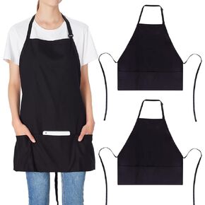 2 Pack 3 Pockets Adjustable Bib Apron 65% Polyester 35% Cotton Fabric Chef Kitchen Cooking Aprons for Women Men, Black