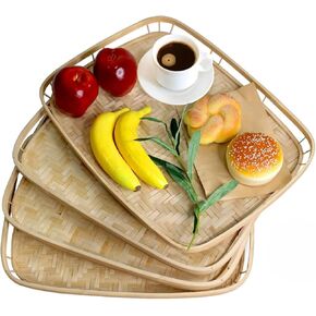 PEMAR Set of 4 Bamboo Wicker Serving Trays for Foods & Drinks, Rectangular Breakfast Trays with Handles Wooden Decorative Trays for Coffee Table Bamboo Home Decor Lap Trays