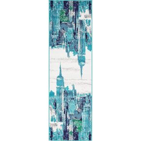 Unique Loom Metro Collection Modern Abstract City Skyline Area Rug, Runner 2' 0 x 6' 7, Turquoise/Ivory