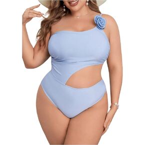 OYOANGLE Women's Plus Size One Piece Swimsuit 3D Floral One Shoulder Cut Out Bathing Suits Beachwear