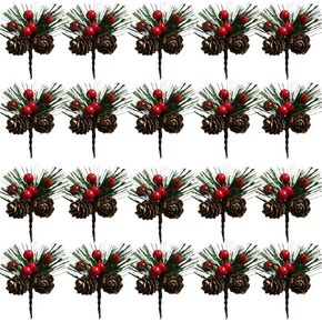 20PCS Artificial Pine Picks Christmas Simulation Pine Needle Small Berries Pinecones for Flower Arrangements Wreaths Wedding Garden Xmas Tree Decorations (Orange)