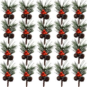 20PCS Artificial Pine Picks Christmas Simulation Pine Needle Small Berries Pinecones for Flower Arrangements Wreaths Wedding Garden Xmas Tree Decorations (Orange)
