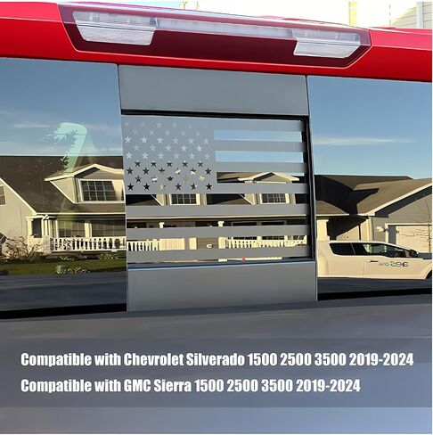 يناسب Chevy Silverado وGMC Sierra 2019-2022 2023 2024 نافذة منزلقة خلفية وسطى خلفية من الفينيل بعلم أمريكي أمريكي، أسود مطفي قطعة واحدة صلبة in Kuwait